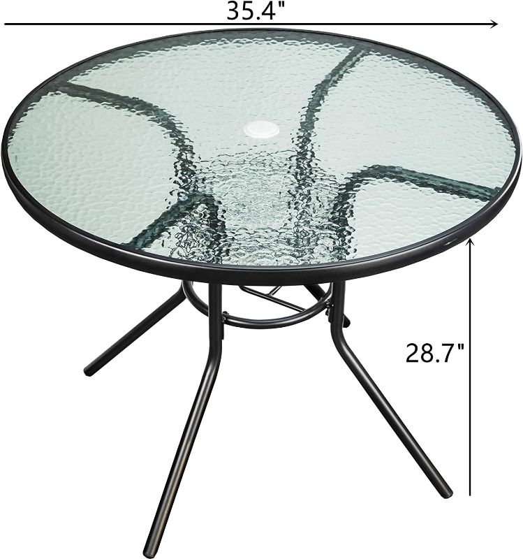 Photo 1 of 35" Outdoor Bistro Table Patio Dining Table Round Side Table Coffee Table Furniture with Umbrella Hole, Metal Frame Water Ripple Glass Top Brown
