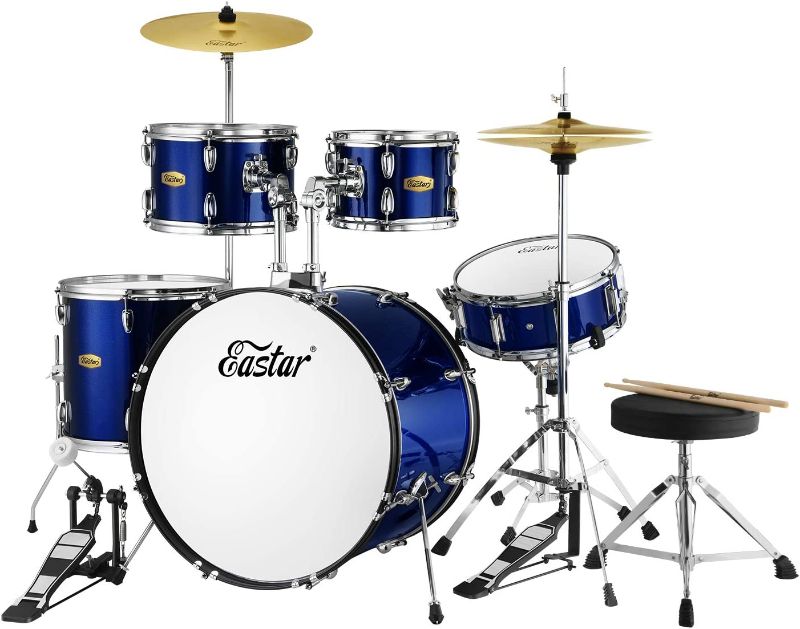 Photo 1 of **incomplete**
Drum Set Eastar 22 inch for Adults, 5 Piece Full Size Drum Kit Junior Beginner with Pedal Cymbals Stands Stool and Sticks, Metallic Blue
