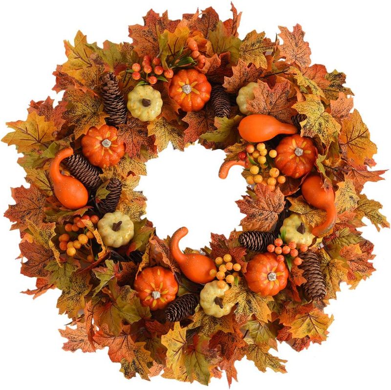 Photo 1 of 24 inch Fall Wreath Decor for Front Door with Pumpkin, Pine Cone,Berries, Maple Leaves, Harvest Door Wreath for Autumn or Thanksgiving Decorations
