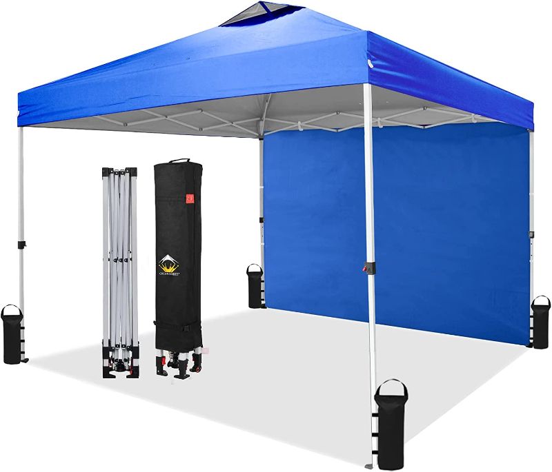 Photo 1 of  10x10 Pop up Canopy Instant Commercial Canopy with 1 Removable Sidewall,4 Ropes & 8 Stakes & 4 Weight Bags,STO'N and Go Bag, Blue