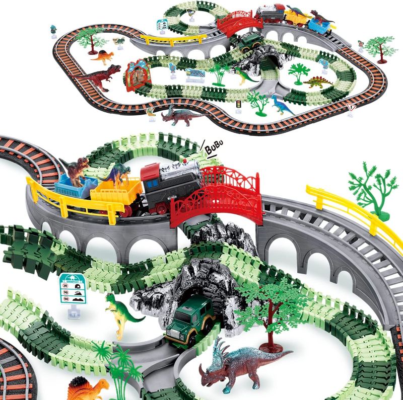 Photo 1 of 2022 Dinosaur Toys and Electric Train Sets, 259 Pcs Dinosaur World Road Race Toy with 8 Dino, 1 Train, 1 Race Car, Lights& Sound, Cargo Cars& Tracks, Gift for Kids Ages 3 4 5 6 7+ Year Old Boys Girls