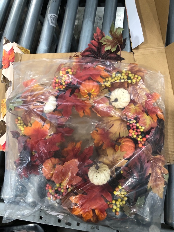Photo 2 of 18 inch Thanksgiving Wreath-Artificial Maple Leaves with Cute Pumpkins