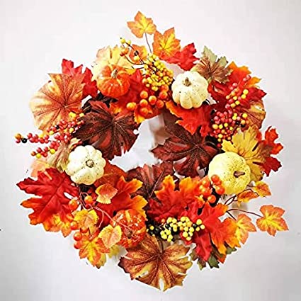 Photo 1 of 18 inch Thanksgiving Wreath-Artificial Maple Leaves with Cute Pumpkins