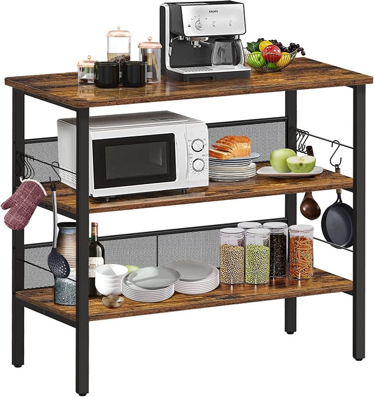 Photo 1 of BEEWOOT Kitchen Island, Coffee Bar with 3 Shelves, Kitchen Shelf Units with Large Workstation, Bakers Rack with 9 Hooks, Industrial, Easy to Assemble, Rustic Brown KI01BB010
