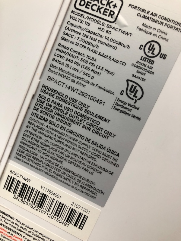 Photo 2 of **DAMAGED***SEE PICTURES FOR DETAILS***
BLACK+DECKER BPACT12WT Large Spaces Air Conditioner Portable, 12,000 BTU, White
