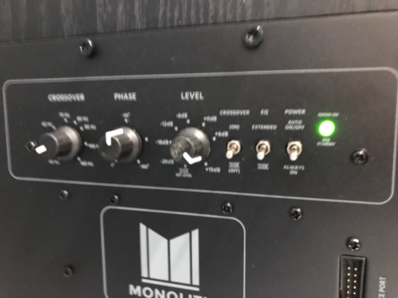 Photo 6 of Monolith M-10 V2 10in THX Certified Select 500 Watt Powered Subwoofer, Massive Output, Low Distortion, Vented HDF Cabinet (POWERS ON BUT MAKES RUMBLING/ POPPING SOUNDS ON ITS OWN WHEN FIRST TURNED ON. MINOR SIGNS OF USE.)