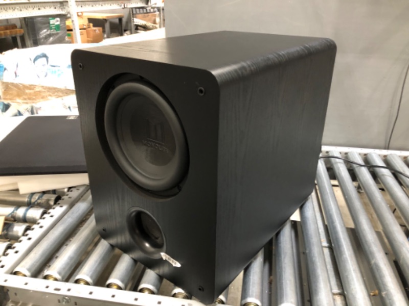 Photo 2 of Monolith M-10 V2 10in THX Certified Select 500 Watt Powered Subwoofer, Massive Output, Low Distortion, Vented HDF Cabinet (POWERS ON BUT MAKES RUMBLING/ POPPING SOUNDS ON ITS OWN WHEN FIRST TURNED ON. MINOR SIGNS OF USE.)