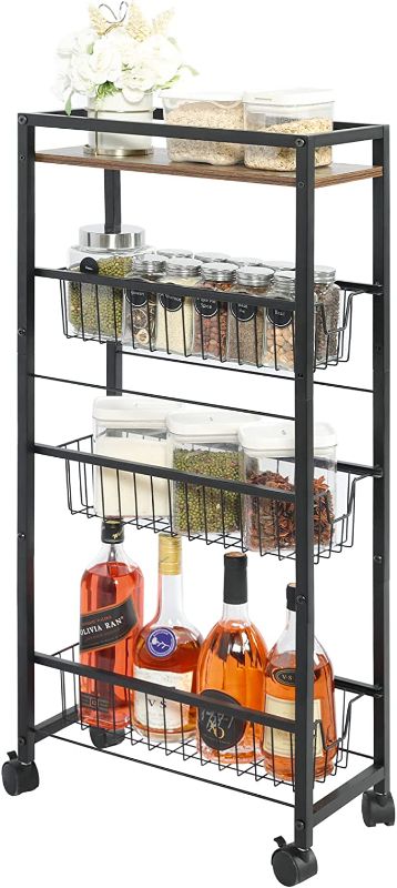 Photo 1 of 4-Tier Slim Storage Cart with Slide-Out Wire Baskets, 16.54"D x 7.68"W x 35.43"H