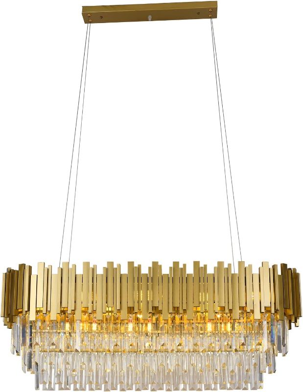 Photo 1 of Afficat Modern Crystal Chandelier Gold Rectangle Pendant Light Fixture E12 Bulb 10 Lights Luxury Crystal Pendant Light for Dining Room, Cafe, Living Room (L40''-10 Lights)