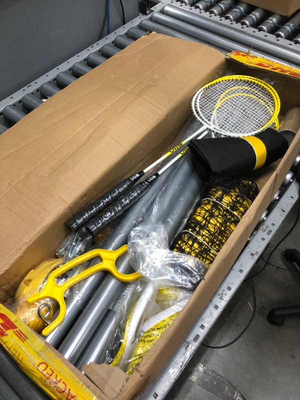 Photo 1 of A11N Outdoor Volleyball and Badminton Combo Set - Includes Adjustable Height Anti-Sag Net, Volleyball, Air Pump, 4 Badminton Rackets, 2 Shuttlecocks, Boundary Line Marker, and Carrying Bag
