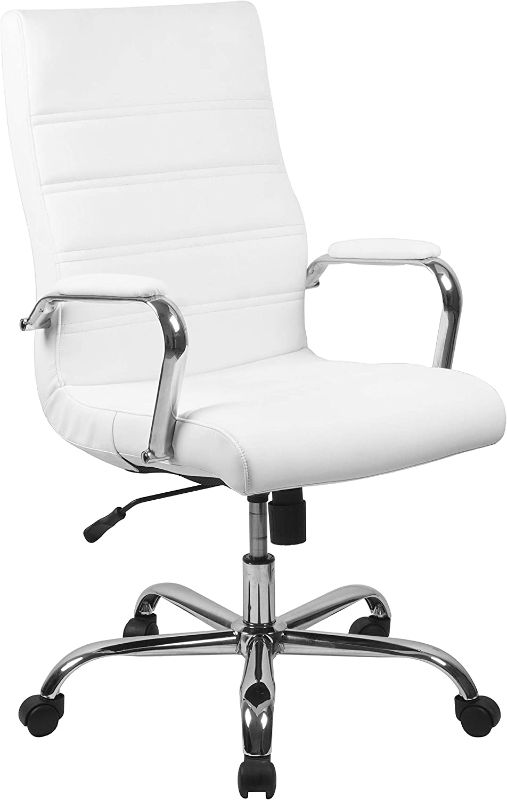 Photo 1 of Flash Furniture High Back Desk Chair - White LeatherSoft Executive Swivel Office Chair with Chrome Frame - Swivel Arm Chair
