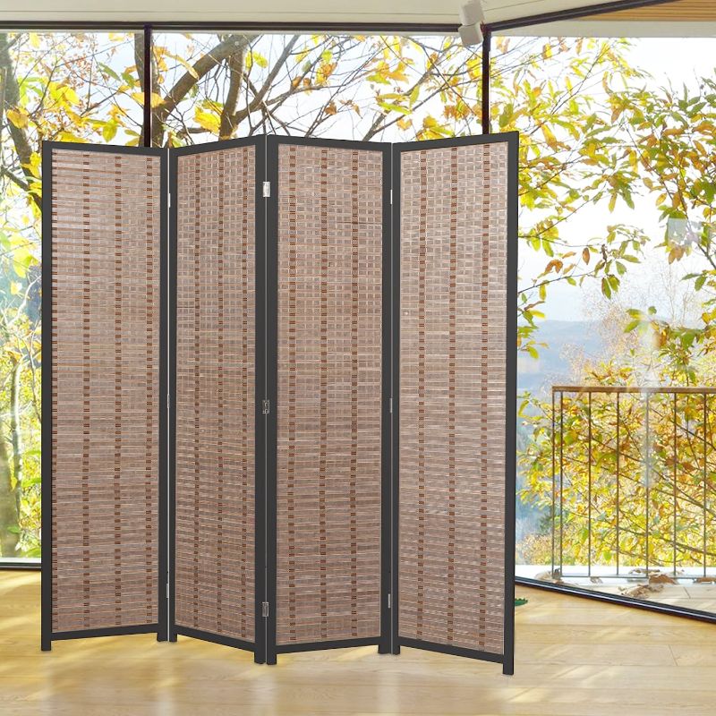 Photo 1 of 4-Panel Bamboo & Black Wood Framed Folding Screen / Freestanding Room Divider -