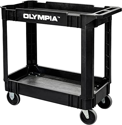 Photo 1 of Olympia Tools 2-Shelf Plastic Utility Cart - Supports Up to 500 lbs, Ergonomic Handle - Heavy Duty Plastic Utility Cart - Great for Warehouse, Garage, Manufacturing, Cleaning

