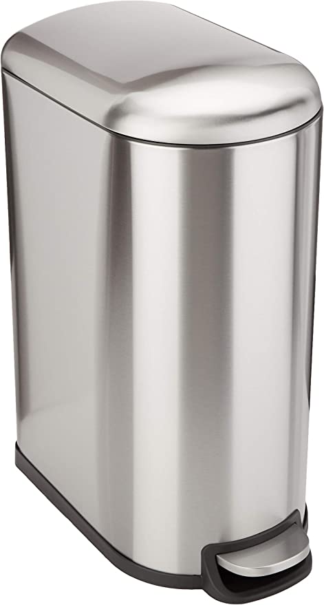 Photo 1 of Amazon Basics 40 Liter / 10.5 Gallon Soft-Close, Smudge Resistant Trash Can with Foot Pedal for Narrow Spaces - Brushed Stainless Steel
