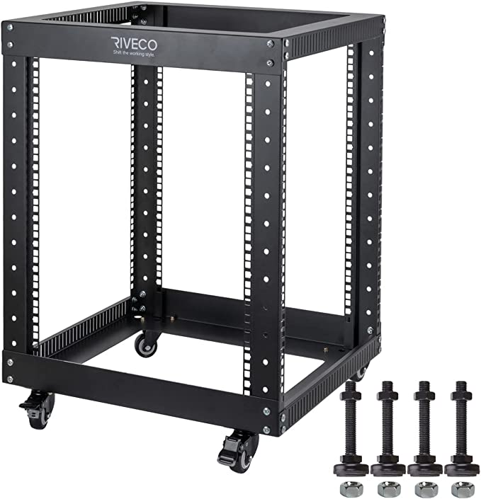 Photo 1 of 12U Server Rack Open Frame with Casters-RIVECO 4 Post Quick Assembly 19-inch, Data Rack Network Shelf Cabinet Heavy Duty Black
