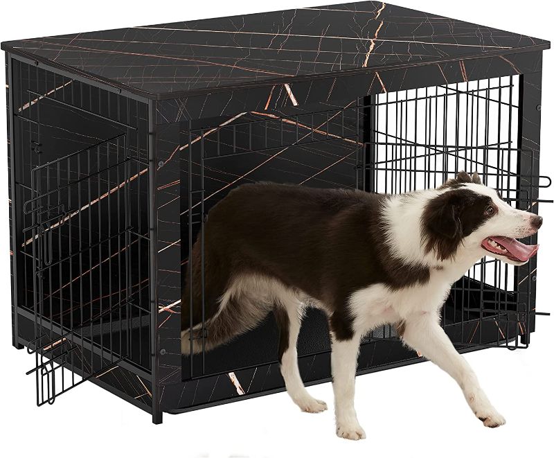 Photo 1 of **parts only** Megidok Wooden Dog Crate Furniture End Table, Double Doors Dog Crate with Slide Tray, Dog Kennels Indoor Side Table, Easy Installation, with ?Detachable Top Cover -Black Gold- 39*26*26 in
