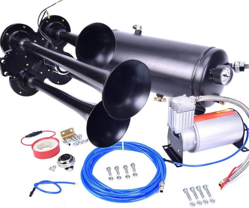 Photo 1 of 150DB Train Air Horn Kit, 4 Trumpet Loud Train Horns Kit for 150 PSI 12V Air Compressor 1.59 Gallon for Trucks, Cars, Van Boats Super Loud Air Horn(6L, Black)
