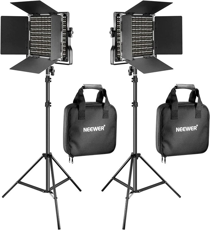 Photo 1 of NEEWER 2 Pieces Bi-color 660 LED Video Light and Stand Kit Includes:(2)3200-5600K CRI 96+ Dimmable Light with U Bracket and Barndoor and (2)75 inches Light Stand for Studio Photography, Video Shooting
