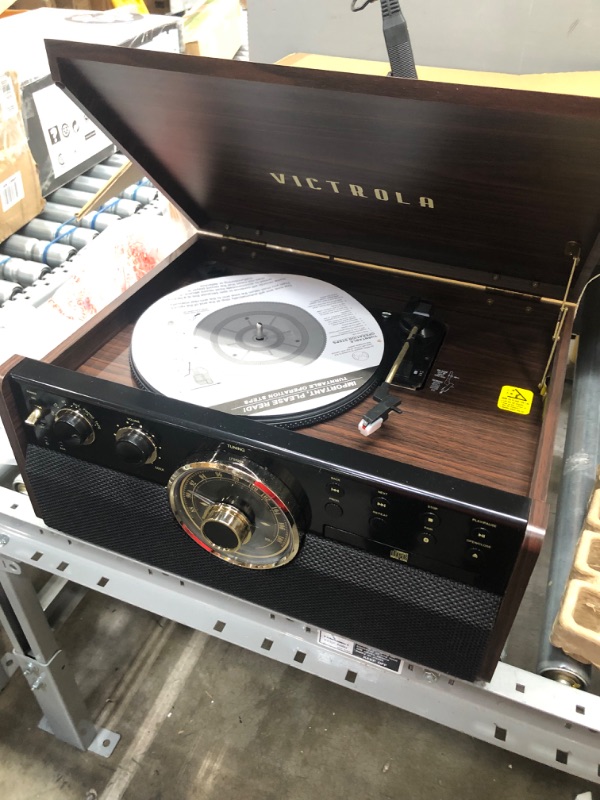 Photo 2 of Victrola Empire Mid-Century 6-in-1 Turntable with 3 Speed Record Player, Bluetooth Connectivity, Radio, Cassette and CD Player (Espresso)
