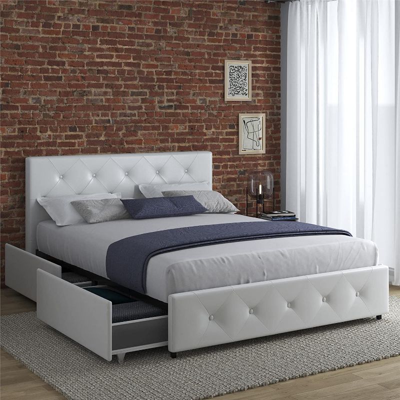 Photo 1 of **INCOMPLETE, MISSING SECOND BOX **
DHP Dakota Upholstered Platform Bed with Underbed Storage Drawers and Diamond Button Tufted Headboard and Footboard, No Box Spring Needed, Full, White Faux Leather
