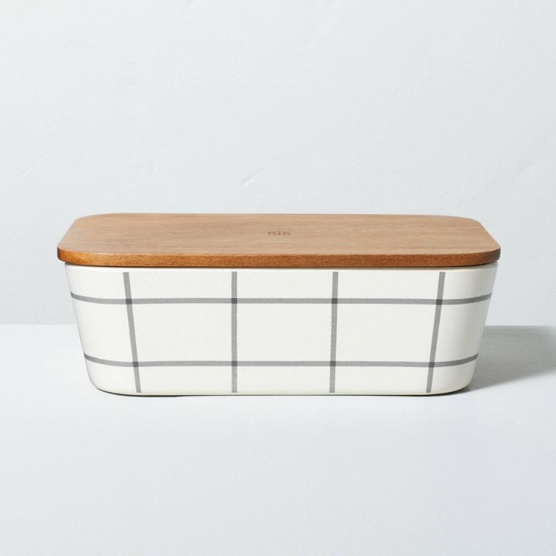 Photo 1 of 45oz Grid Pattern Bamboo-Melamine Bento Food Storage Box with Wood Lid Gray/Cream - Hearth & Hand™ with Magnolia
