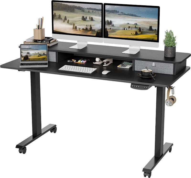 Photo 1 of BANTI Electric Standing Desk with Double Drawers, 55x24 Inches Adjustable Height Stand Up Desk, Sit Stand Home Office Desk with Storage Shelf, Black Top/Black Frame, 55 x 24 Inch (B-SDE-55BK-DD).
