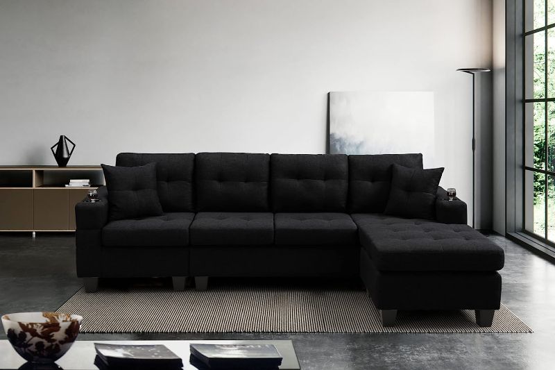 Photo 1 of **INCOMPLETE BOX 2 OF 2**- STARTOM Modern Reversible Sectional Sofa Set for Living Room Bedroom, 4 Seat L Shaped Sofa with Cup Holder and Left or Right Hand Chair, Black
