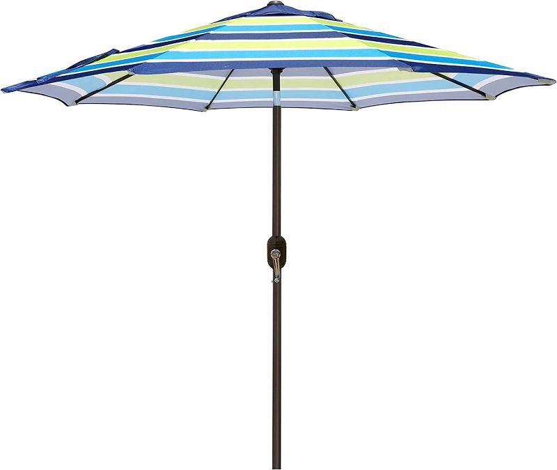 Photo 1 of 9' Outdoor Aluminum Patio Umbrella, Striped Patio Umbrella, Market Striped Umbrella with Push Button Tilt and Crank (Blue and Green)