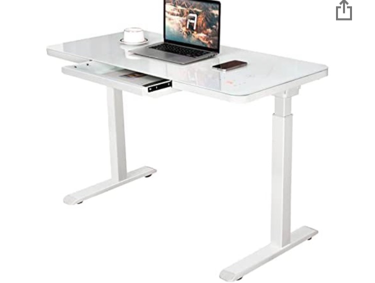 Photo 1 of AIMEZO Stnding Desk with Tempered Glass Top 45 x 23 Inches Modern Height Adjustable Desk Adjustable Ergonomic Desk with Drawers for Home Office White
