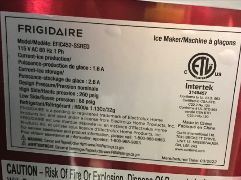 Photo 4 of ***PARTS ONLY*** Frigidaire - 11.3" 40-Lb. Freestanding Icemaker - Red Stainless Steel
