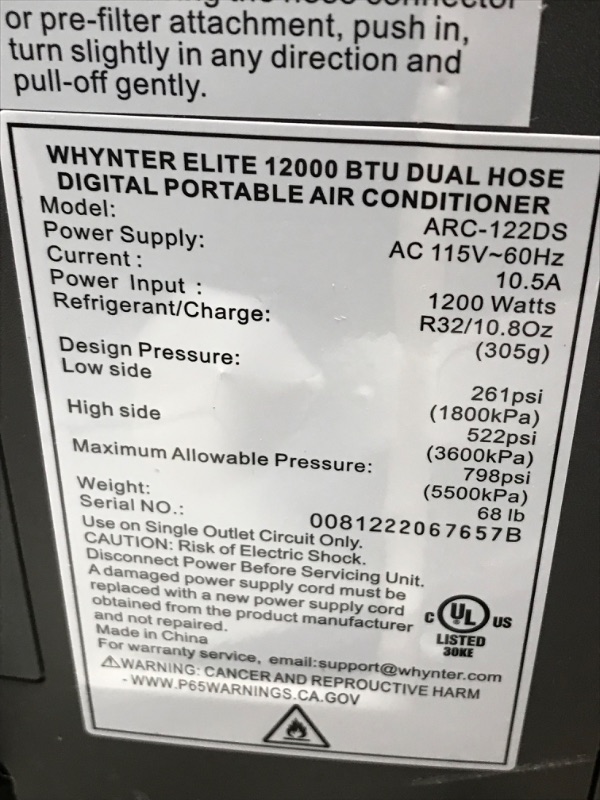 Photo 4 of (DAMAGE)Whynter Elite ARC-122DS 12,000 BTU Dual Hose Portable Air Conditioner, Dehumidifier, Fan with Activated Carbon Filter Plus Storage Bag for Rooms up to 400 sq ft, 1-(Pack), Multi
**BUSTED OPEN ON THE SIDE SHOWN IN IMAGES**
