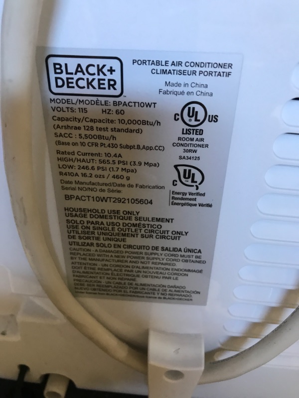 Photo 3 of BLACK+DECKER BPACT10WT AC with Remote Control Portable Air Conditioner, 10,000 BTU, White**fan makes noise**
