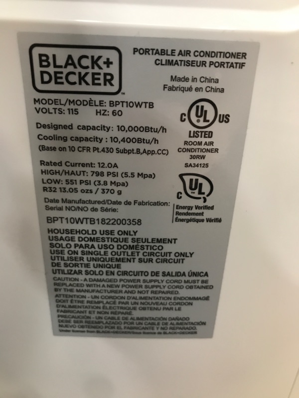 Photo 3 of TESTED BLOWS COLD AC**
Black+decker Bpt10wtb Portable Air Conditioner, 14,000 BTU White