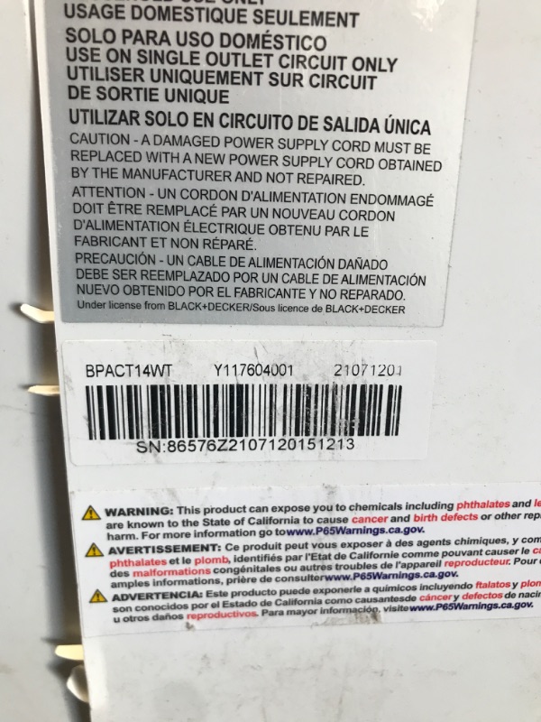 Photo 4 of DAMAGED* BLOWS COLD AIR*
BLACK+DECKER 8,000 BTU DOE (14,000 BTU ASHRAE) Portable Air Conditioner with Remote Control, White