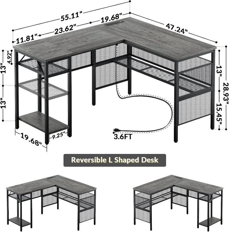 Photo 1 of Unikito L Shaped Computer Desk with USB Charging Port and Power Outlet, Reversible L-Shaped Corner Desk with Storage Shelves, Industrial 2 Person Long...
