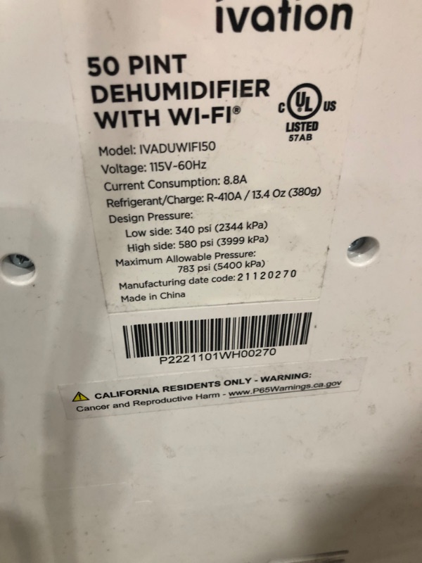 Photo 4 of (NOT FUNCTIONAL; DOES NOT POWER; DAMAGED SIDE; MISSING ATTACHMENTS) Ivation 4,500 Sq Ft Smart Wi-Fi Energy Star Dehumidifier with App, Continuous Draining Hose Connector, Programmable Humidistat,