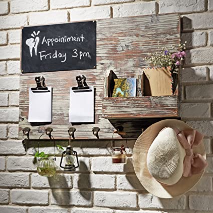 Photo 1 of MyGift Torched Wood Wall Mounted Chalkboard Memo Clips, Mail Sorter and Key Hooks, Entryway All-in-One Organizer
