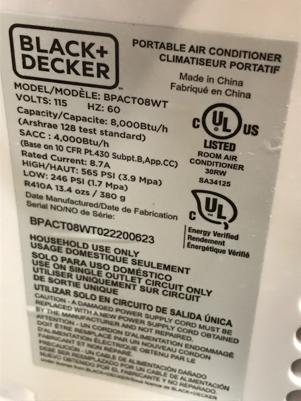 Photo 8 of (DOES NOT FUNCTION)BLACK+DECKER™ 8,000 BTU Portable Air Conditioner
**DOES NOT BLOW OUT AIR, POWERS ON, FOR PARTS ONLY**