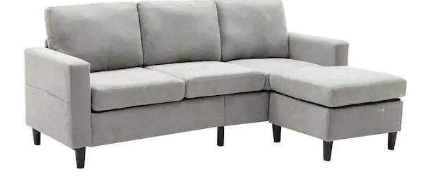 Photo 1 of 80 in. Width Square Arm 2-Piece Linen Polyester L Shaped Sectional Sofa with Movable Ottoman in Gray (4 of Seat)
