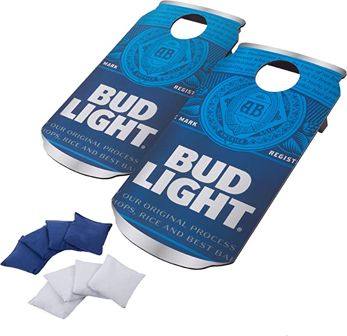 Photo 1 of (BROKEN-OFF BOARDS) Bud Light Cornhole Outdoor Game Set, 2 Wooden Anheuser-Busch Can-Shaped Corn Hole Toss Boards with 8 Bean Bags, Blue/White, 37x19x4.625
