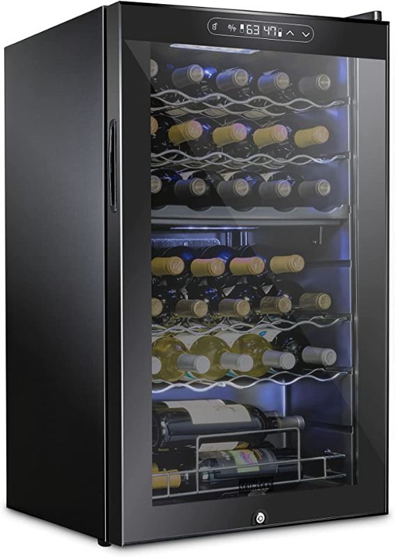 Photo 1 of (BROKEN INTERIOR GLASS; BROKEN DOOR CORNER) SCHMECKE 33 Bottle Dual Zone Wine Cooler Refrigerator w/Lock | Large Freestanding Wine Cellar | 41f-64f Digital Temperature Control Wine Fridge For Red, White, Champagne or Sparkling Wine - Black
