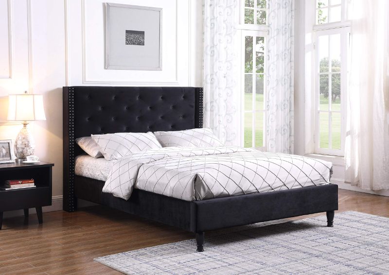 Photo 1 of (INCOMPLETE; NOT FUNCTIONAL; BOX2OF; REQUIRES BOX1 FOR COMPLETION) Home Life Premiere Classics Velour Black 51" Tall Headboard Platform Bed Full with Slats - 007,Full Size
