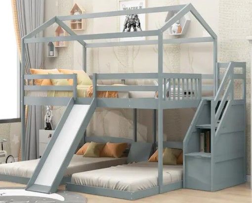 Photo 1 of (NOT FUNCTIONAL; INCOMPLETE; BOX1OF3; REQUIRES BOX2,3 FOR COMPLETION) Gray Full Over Twin and Twin Bunk Bed with Slide and Storage Staircase, Built-in Drawer and Shelf
