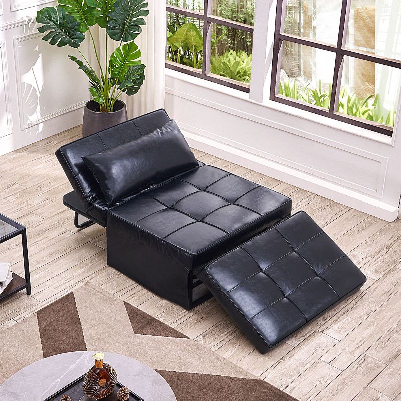 Photo 1 of (TORN MATERIAL) Vonanda Faux Leather Ottoman Sofa Bed, Small Modern Couch Multi-Position Convertible Comfortable and Durable Leather Couch Lounger Guest Bed with Pillow for Small Space, Black
