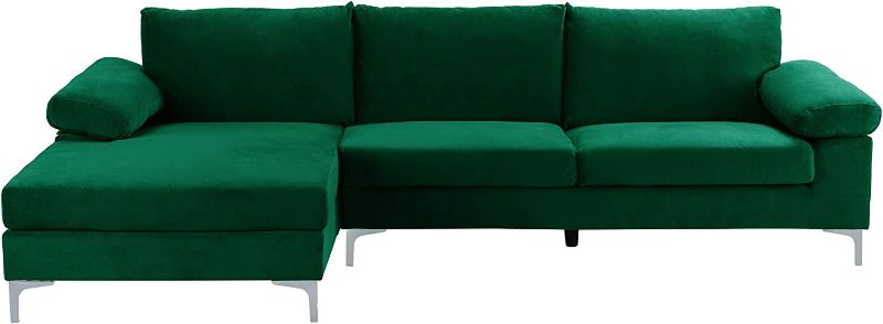 Photo 1 of (BOX 1 OF 2 )Casa Andrea Milano LLC Modern Large Velvet Fabric Sectional Sofa L Shape Couch with Extra Wide Chaise Lounge, Green

