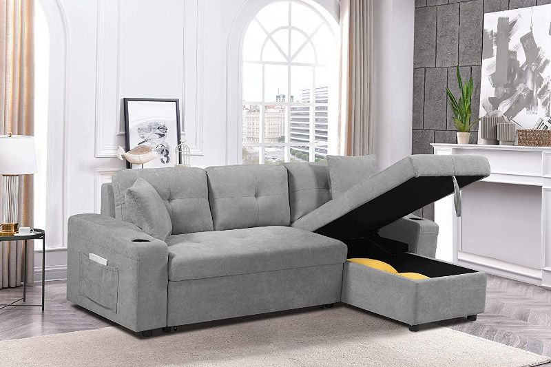 Photo 1 of *incomplete* GAOPAN Modern Linen Sectional Sleeper Sofa Bed Convertible L-Shape Couch with Storage Chaise Lounge,Side Pockets,Cup Holders,2 Pillows for Living Room Apartment Furniture, Light Gray *box 3 of 3* 
