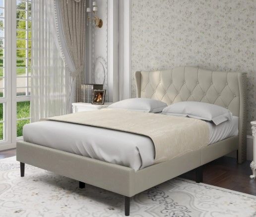 Photo 1 of  Queen Size Upholstered Platform Bed Frame with Scalloped Headboard, Cream
