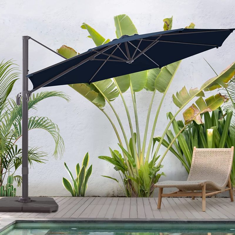 Photo 1 of ***PARTS ONLY*** BLUU SYCAMORE 10 FT Patio Cantilever Umbrella, Aluminum Outdoor Offset Round Market Hanging Umbrellas for Deck & Garden, UV Protection Solution-dyed Fabric Canopy, 360° Rotation w/Integrated Tilting and Cross Base (Navy Blue)
