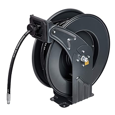 Photo 1 of (BENT METAL) AmazonCommercial Grease Hose Reel Retractable Heavy Duty 1/4" x 50' Premium SAE.100R2AT High Pressure Hose Max 5800 PSI,Squid Ink, Daisy,17.5x8.5x19.8
