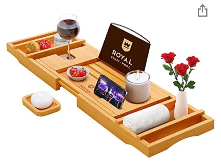 Photo 1 of (MISSING SOAP CONTAINER) Luxury Bathtub Caddy Tray, 1 or 2 Person Bath and Bed Tray, Bath Tub Table Caddy with Extending Sides - Free Soap Dish (Natural)